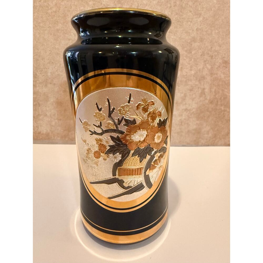 Vintage 11" Art Chokin Japanese Vase 24K Gold Gilded Imperial Flower Cart Black - Picture 8 of 12